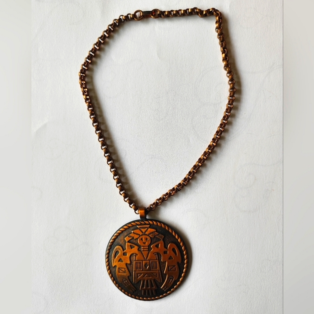 Vintage Western Kachina Copper Medallion Necklace 18” Rustic Ethnic Statement